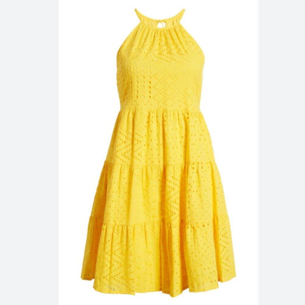 Eliza J Yellow Eyelit Float Tiered Dress Size 8